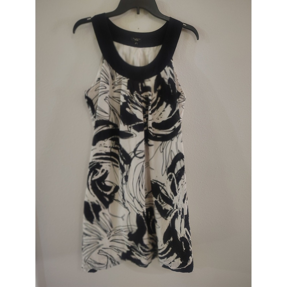 Talbots Black White Abstract Floral‎ Brushstroke Scoop Neck Shift Dress Size 12